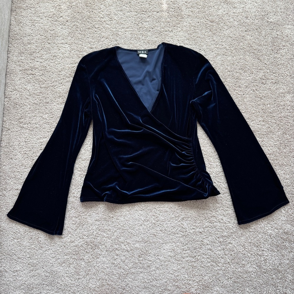 MSK Womens Navy Blue Velvet Wrap Top V-Neck Bell Sleeve Ruched Blouse Large